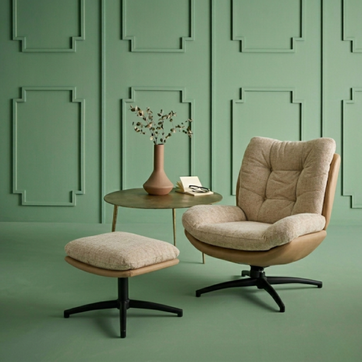 Fauteuil pivotant en tissu beige avec repose pied MANU