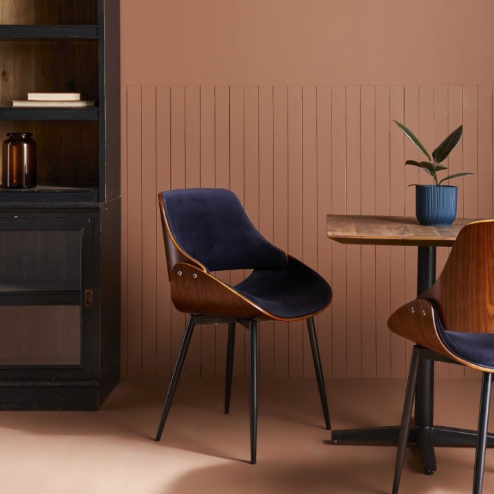 Mannix walnut finish chair with blue velvet seat