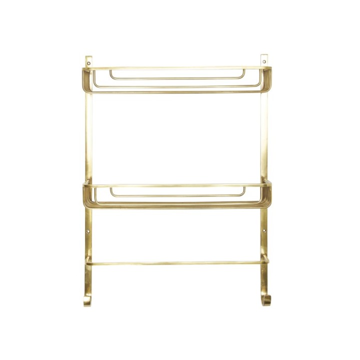 Two-tier gold brass wall shelf with towel rail