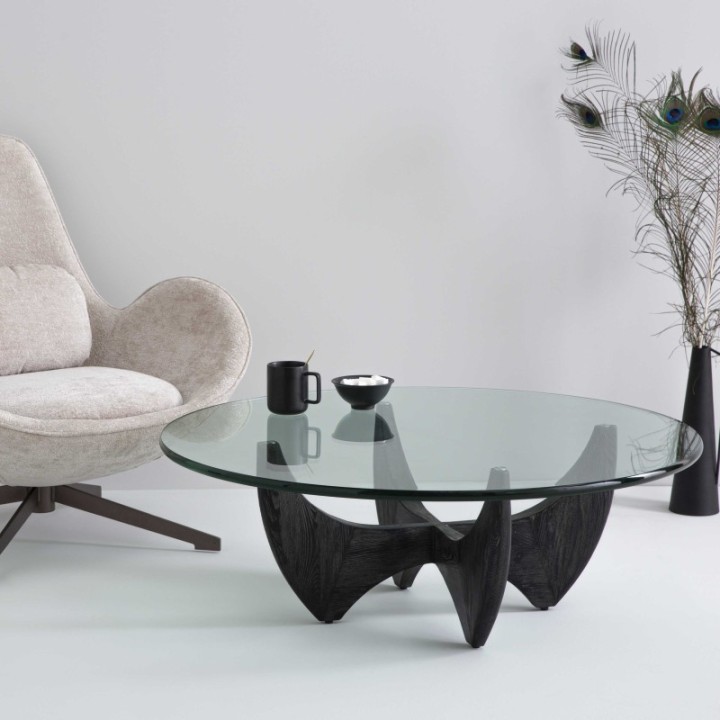 Harper black solid oak round coffee table with glass top