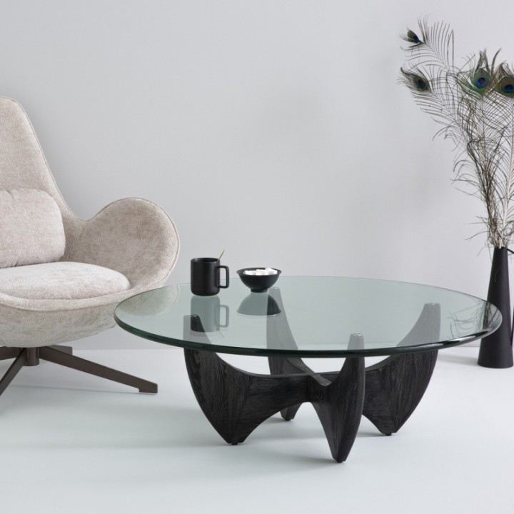 Harper black solid oak round coffee table with glass top