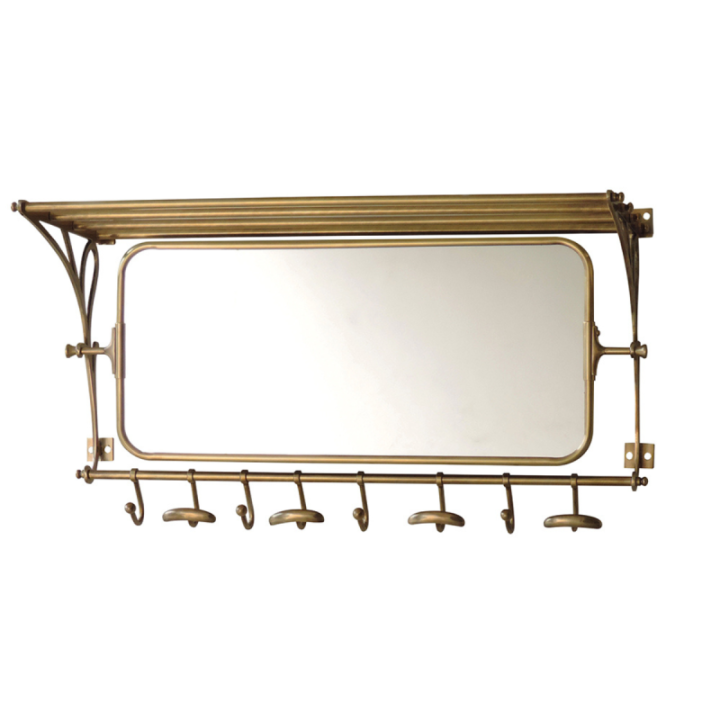 Brass coat rack with a mirror and a shelf