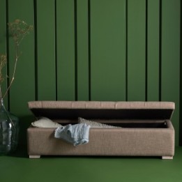 Vatican wooden storage bench with taupe fabric upholstery