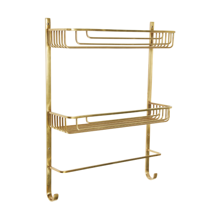 Two-tier gold brass wall shelf with towel rail