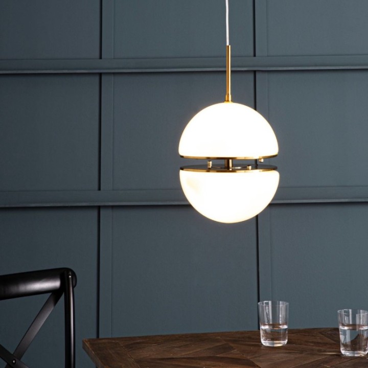 Montparnasse gold metal pendant light with opaline globe