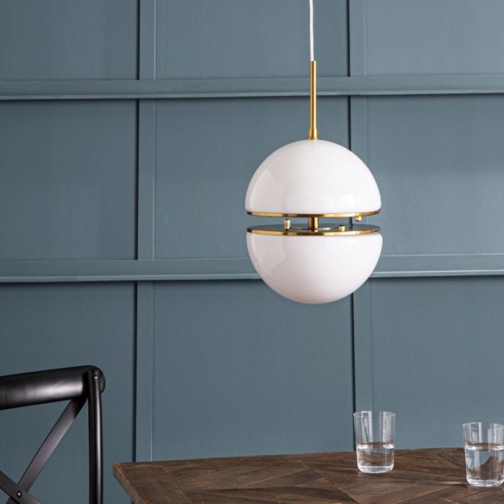 Montparnasse gold metal pendant light with opaline globe