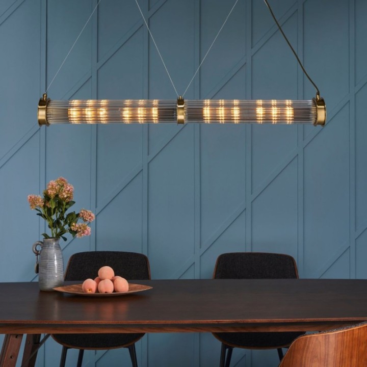 Double tube chandelier in brass-coloured metal and glass