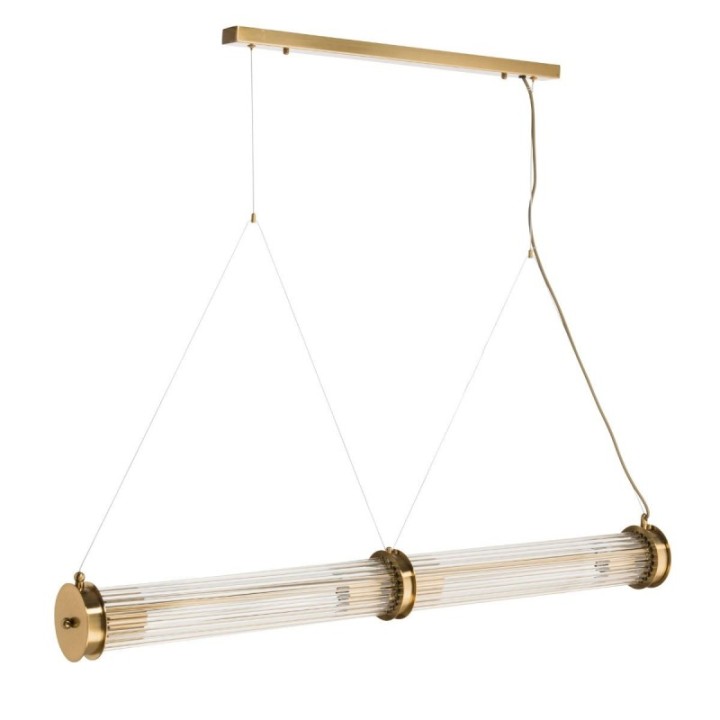 Double tube chandelier in brass-coloured metal and glass