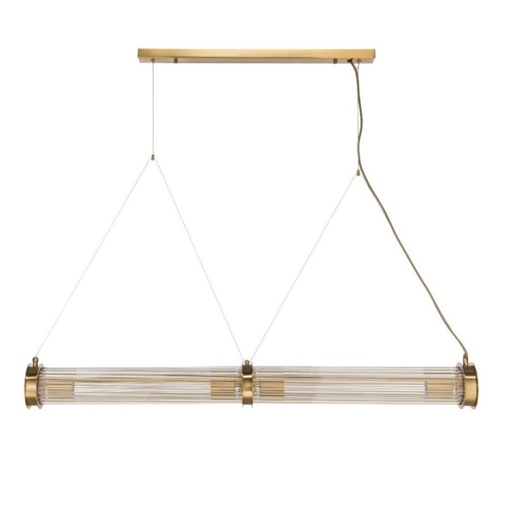 Double tube chandelier in brass-coloured metal and glass