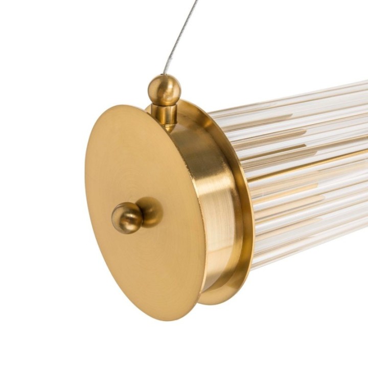 Double tube chandelier in brass-coloured metal and glass