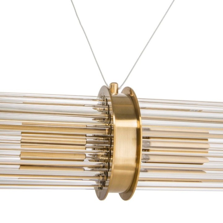 Double tube chandelier in brass-coloured metal and glass