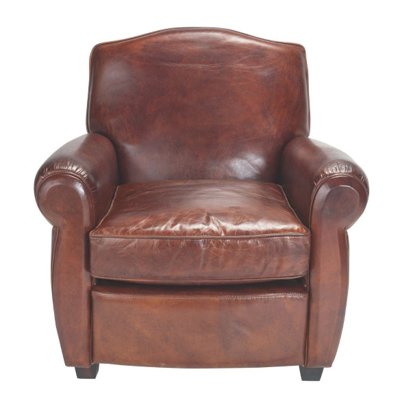 Fauteuil en cuir pleine fleur vieilli marron MOUSTACHE