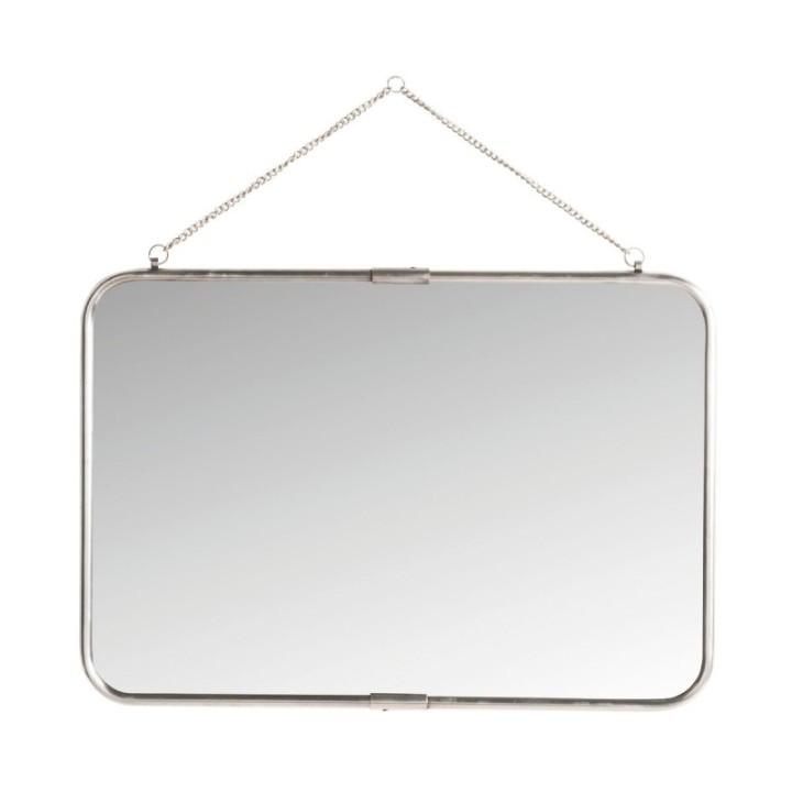 Hanging barber mirror in aged silver-finish metal