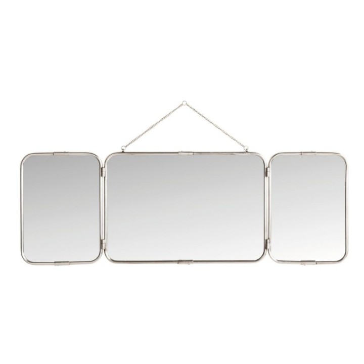 Wall-mounted triptych barber mirror in aged silver-finish metal