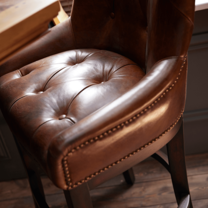 Wood and semi-aniline leather bar armchair