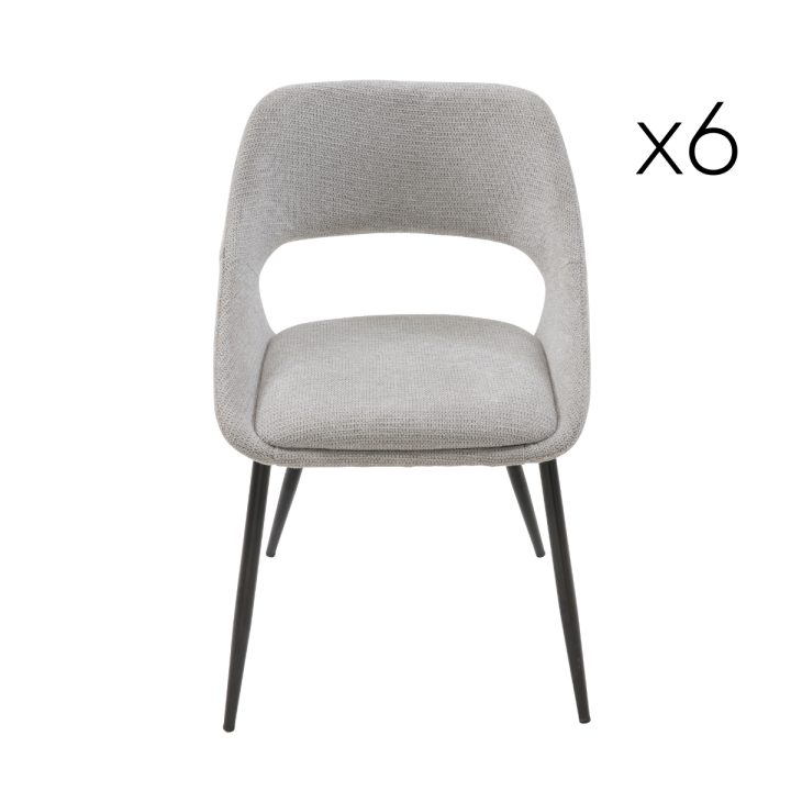 Elodie set of 6 grey fabric chairs with metal legs