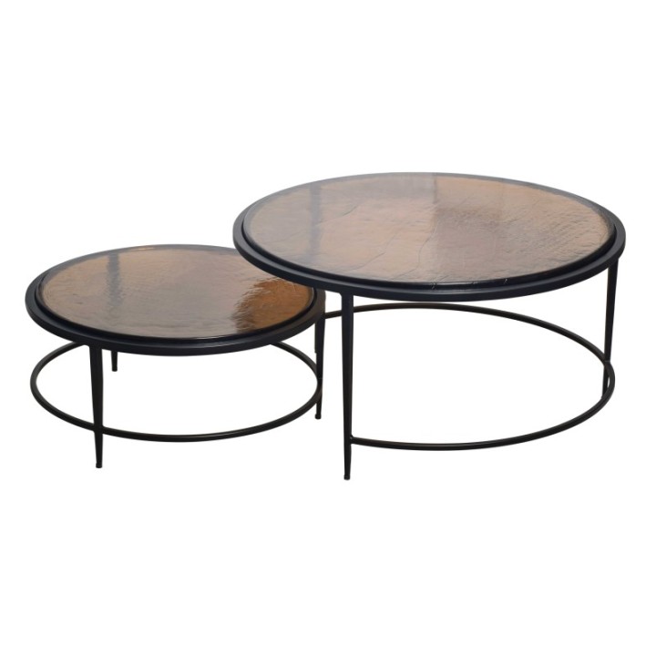 Igloo smoked glass and black metal nesting coffee tables