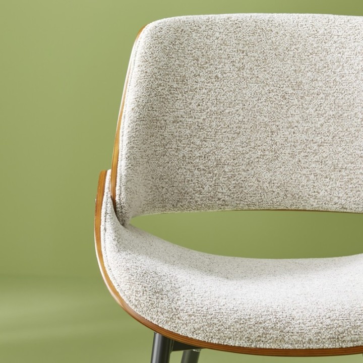 Chair with a walnut finish and a beige fabric seat—MANNIX