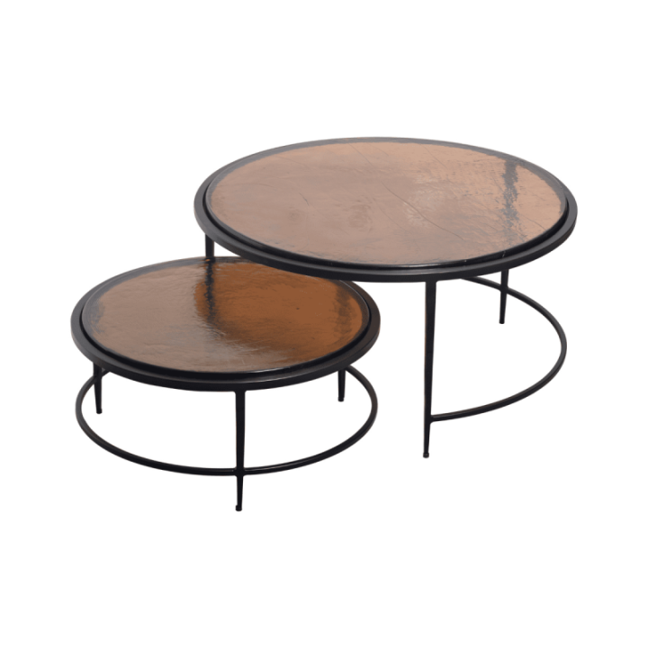 Igloo smoked glass and black metal nesting coffee tables