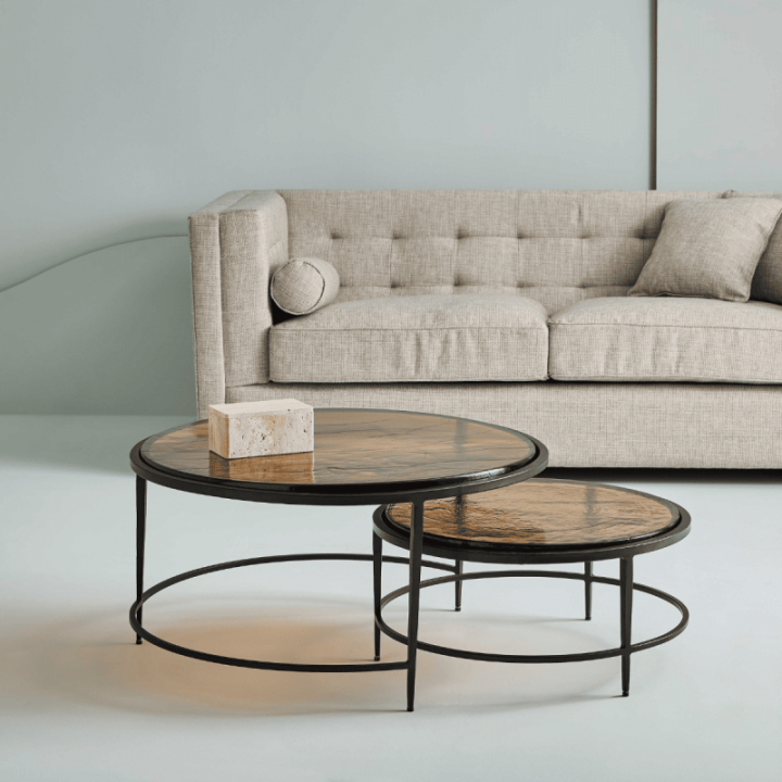 Igloo smoked glass and black metal nesting coffee tables