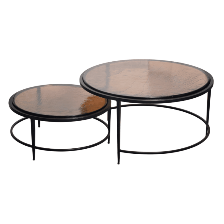Igloo smoked glass and black metal nesting coffee tables