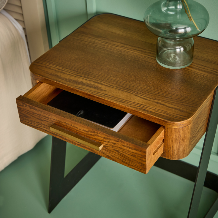 Scarlett solid oak and metal bedside table